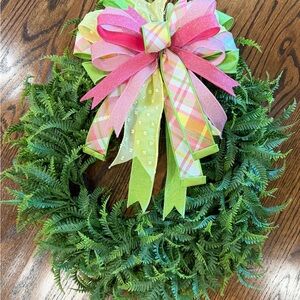 Green Faux Fern Wreath with Pink & Pastel Plaid Bow